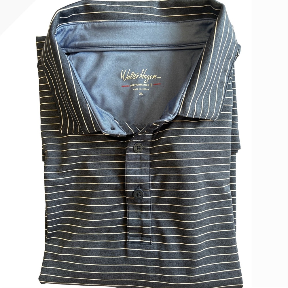 Walter‎ Hagen Performance 11 Mens XL Navy Blue Striped Golf Polo Shirt Stretch